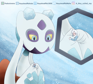 drawing gentle giantess pokemon furry color blue_eyes handheld ribbon yellow_eyes hand looking_down snow hugging ice outdoors cuddle commission looking_at_tiny obi fedextreme dynamax royalwafflensfw giant_pokemon froslass magicianoflight