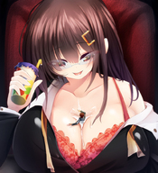 breasts drawing giantess color large_breasts clothed cleavage wet glasses huge_breasts brunette domination brown_eyes smiling short_hair sitting drink shrunken_man looking_down female_domination looking_at_tiny cleavage_window between_breasts sticking_out_tongue