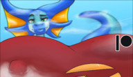breasts drawing nipples giantess furry macro dragoness giga tail color green_eyes huge_breasts smiling airplane blue_skin scalie foreshortening hydra fins aquatic limited_vision