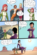 breasts drawing giantess mega blonde comic black_hair color large_breasts long_hair butt blue_eyes clothed buildings desert brunette multiple_sizes asian red_hair short_hair sun sitting sunglasses sand giantesses dark_skin outdoors sky freckles costume jumpsuit headband dialogue x-men legs_crossed leaning_on_building looking_at_tiny gwen_stacy mary_jane helicarrier stature spider-man kitty_pryde marvel_comics caiman2 yuri_watanabe arm_crossed giant_woman_squad earth_2620