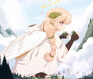 drawing gentle giantess wings mega angel blonde color long_hair blue_eyes clothed toes smiling story ponytail squatting hand palm heart mountains river clouds robe outdoors sky sunny trees halo foot_wraps heaven ncmares yohomeboync yohomeboyraps raps wreath laurels