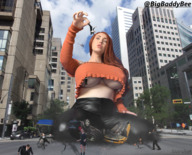 breasts giantess collage city mega destruction clothed buildings scared sitting underboob hand dangle vehicles fingers clouds sky handled sitting_on_floor looking_at_tiny bare_midriff starshot bigbadb