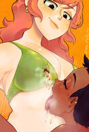 bikini breasts drawing black_hair color long_hair tongue licking cleavage purple_eyes brown_eyes smiling red_hair short_hair lesbians giantesses earrings semi_nude ear_piercing no_background bare_midriff on_kinky