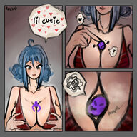 bikini breasts drawing comic color large_breasts cleavage green_eyes blue_hair huge_breasts smiling poke shrunken_person smothering dialogue semi_nude no_background bare_midriff between_breasts oneno