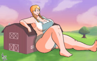 drawing giantess mega blonde color long_hair clothed barefoot cleavage brown_eyes smiling farm barn grass clouds outdoors sky freckles sunset braid looking_at_viewer sitting_on_floor cleavage_window bare_legs giganticluv bare_thighs meandodo bertha