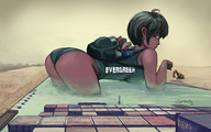 drawing giantess mega color swimsuit green_eyes green_hair egypt short_hair looking_down river outdoors sky backpack looking_at_tiny bare_legs bare_thighs evergiven-chan suez_canal evergiven evergreen sgtdelta