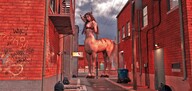 giantess city color centaur bra buildings brunette clouds outdoors sky antlers long_ears semi_nude pointed_ears digital_render bare_midriff velocity-vektor