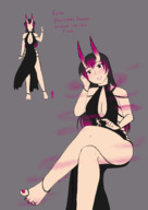 drawing giantess blushing horns black_hair color long_hair clothed toes barefoot cleavage finger demon smiling dress sitting hand pink_eyes demoness shrunken_person toe_ring nail_polish looking_at_viewer black_dress bracelet semi_nude reina anklets reference no_background highlights cleavage_window bare_legs rarayagts bare_thighs pink_highlights