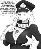 breasts drawing giantess monochrome large_breasts long_hair clothed cleavage anime smiling poke hand shrunken_man hat dialogue no_background cleavage_window my_hero_academia between_breasts izuku_midoriya camie_utsushimi gtstamago grayscale