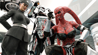 breasts horns alien color large_breasts armor clothed handheld cleavage bra skirt green_eyes brunette yellow_eyes smiling gloves boots hand uniform star_wars shrunken_woman reflection tentacles indoors grey_hair tattoo cape belt semi_nude cap officer red_skin looking_at_tiny stormtrooper pointed_ears digital_render sith talon bare_midriff empire rey_(star_wars) celton darth_talon captain_phasma imperial_officer twilek lekku
