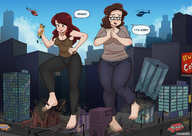 breasts drawing giantess crush feet city color long_hair destruction clothed barefoot rampage cleavage buildings helicopter glasses brunette brown_eyes red_hair foot_crush giantesses pants vehicles outdoors dirty_soles sky dialogue handled debris cleavage_window speech_bubble dakunart lurkingsize