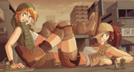 drawing giantess city mega blonde color butt clothed cleavage buildings glasses butt_crush angry brunette brown_eyes scared ponytail boots shorts fighting looking_down giantesses clouds outdoors sky hat cap metal_slug cleavage_window thunderafterdark exuberantcurtain bare_midriff looking_at_tinies eri fio