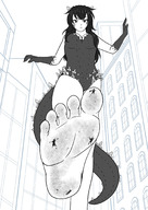 drawing crush feet tail city monochrome clothed barefoot cleavage buildings soles blood godzilla gloves gore foot_crush women outdoors dirty_soles under_foot raised_foot cleavage_window bare_legs rarayagts grayscale