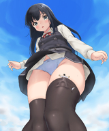 drawing giantess panties upskirt black_hair color long_hair blue_eyes clothed stockings teston low_angle shrunken_man looking_down entrapment hugging clouds outdoors sky point_of_view perspective looking_at_tiny kantai_collection lookin_at_viewer clothing_entrapment asashio_kai_ni