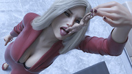 blonde comic color tongue clothed mouth cleavage high_angle scared hand mawshot shrunken_woman dangle fingers screaming nail_polish apartment imminent_vore handled pinched mouth_open digital_render cleavage_window helen lfcfan adeline