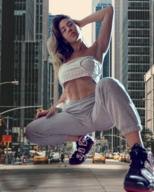 giantess collage city mega color clothed buildings brunette street unknown_artist abs pants vehicles sneakers outdoors sky tattoo necklace squat top looking_at_viewer new_york_city latina source_needed abdominal_muscles bare_midriff