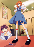 drawing giantess color blue_eyes clothed low_angle shrunken socks asuka dress neon_genesis_evangelion looming looking_down indoors orange_hair white_socks asuka_langley shinji_ikari mary_janes looking_at_tiny angelgts minidress zaikerwriter neon_genesis shunken_male