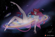 drawing giantess tail space color long_hair barefoot green_eyes cat_ears smiling red_hair galaxy collar cat_girl freckles semi_nude bare_legs bare_midriff galactic solgryn ari bare_thighs terra kal278
