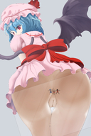 drawing nude panties wings upskirt butt_crush touhou blue_hair sitting remilia_scarlet shrunken_woman looking_down hat butthole tinies looking_back chen_yakumo smothering flandre_scarlet no_background cirno_(touhou)