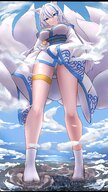 drawing giantess white_hair crush panties feet giga city upskirt color long_hair destruction blue_eyes clothed buildings smiling fox_ears socks foot_crush kitsune looking_down clouds outdoors sky white_panties multiple_tails white_socks bare_legs looking_at_tinies gtskitsuneyui nz_twiiter