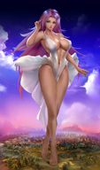 breasts giantess giga color long_hair fantasy barefoot cleavage buildings green_eyes goddess pink_hair medieval looking_down clouds thighs outdoors sky curvy sunset semi_nude bare_legs thick looking_at_tinies daichi777 yui ascendance bare_thighs digital_painting