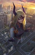 giantess horns city mega blonde color long_hair buildings red_eyes sweat gloves streets clouds outdoors sky my_hero_academia mt._lady digital_painting mshen
