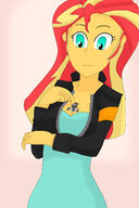 breasts drawing gentle blonde color long_hair clothed cleavage finger green_eyes smiling red_hair unknown_artist hand looking_down source_needed my_little_pony no_background sunset_shimmer equestria_girls looking_at_tiny cleavage_window between_breasts checkerboardcn