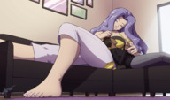 drawing gentle pokemon color long_hair clothed barefoot purple_hair purple_eyes smiling lying_down mini_giantess indoors nail_polish looking_at_tiny zerohour99 karen_(pokemon) beysterdude