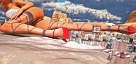 giantess mega color high_heels desert lying_down clouds outdoors sky semi_nude orange_hair digital_render velocity-vektor