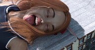 giantess mega sleeping color tongue clothed mouth buildings ribbon open_mouth outdoors closed_eyes hair_ribbon orange_hair digital_render velocity-vektor sticking_out_tongue