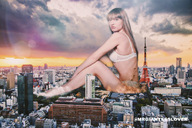 breasts giantess crush collage giga city blonde color destruction blue_eyes bra butt_crush sitting tokyo clouds outdoors sky tokyo_tower looking_at_viewer semi_nude sitting_on_floor bare_legs bare_midriff bare_thighs mrgiantesslover1 meriyahovkina builldings sitting_on_buildings
