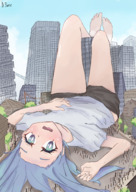 drawing gentle giantess feet blushing city mega color long_hair blue_eyes clothed barefoot buildings anime blue_hair lying_down legs shorts skyscraper people streets onlookers clouds thighs houses outdoors sky tinies shirt looking_at_viewer crowds bare_legs d3ere