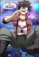 drawing micro macro black_hair color giant male clothed mouth short_hair boots pants fairy_tail dialogue speech_bubble incredibleediblecalico shiki_granbell edens_zero open