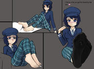 drawing blushing comic color blue_eyes clothed barefoot blue_hair smiling socks short_hair foot_play looking_down entrapment shrunken_person black_socks no_background sock_entrapment looking_at_tiny naoto_shirogane megami_tensei clothing_entrapment ii22 willhal2301