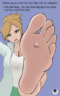 drawing pokemon feet blonde color clothed barefoot cleavage soles green_eyes smiling stomping short_hair under_foot earrings professor_juniper dialogue lab_coat taped_down stuck_to_foot no_background cleavage_window bare_legs smirking ii22 pokemon_black_and_white bare_thighs