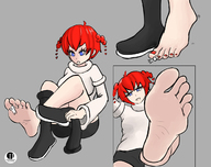 drawing crush feet comic color blue_eyes clothed toes barefoot soles smiling red_hair short_hair boots foot_crush looking_down between_toes nail_polish point_of_view looking_at_viewer sophia raised_foot imminent_crush no_background looking_at_tiny persona_5 ii22 the1guyunevernew
