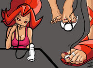 drawing crush feet color clothed barefoot cleavage red_eyes domination slave smiling ponytail bondage sandals foot_crush looking_down female_domination under_foot earrings top orange_hair din no_background looking_at_tiny cleavage_window smirking ii22