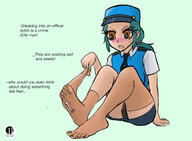 drawing panties feet blushing upskirt color clothed angry domination socks green_hair nylons entrapment hat orange_eyes dialogue black_panties officer sock_entrapment clothing_entrapment ii22