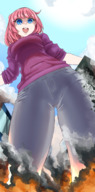 drawing giantess city mega color destruction blue_eyes clothed buildings low_angle pink_hair short_hair unknown_artist explosion looking_down clouds outdoors sky looking_at_viewer source_needed debris looking_at_tinies
