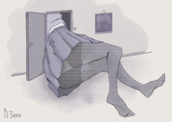 drawing giantess panties feet upskirt monochrome butt clothed skirt stockings socks lying_down mini_giantess legs entrapment indoors long_socks behind_view door bare_midriff d3ere