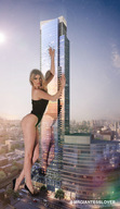 giantess collage city mega blonde color long_hair destruction clothed high_heels buildings tower reflection clouds leaning_against_building sky looking_at_viewer bare_legs bare_thighs mrgiantesslover saracroce98