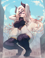 growth gentle giantess horns city mega blonde color long_hair clothed buildings superhero yellow_eyes smiling squatting uniform lady onlookers clouds outdoors sky bending_down my_hero_academia masked mt._lady mt. paroro