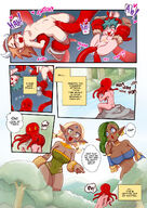 drawing nude blonde comic color blue_eyes sex cleavage glasses yellow_eyes green_hair short_hair giantesses river outdoors trees octopus dialogue semi_nude mr.e bare_midriff nude_tiny life_as_a_tentacle_monster_in_another_world
