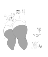 drawing growth monochrome long_hair clothed socks inflation dialogue no_background grayscale sudden_growth cyrie