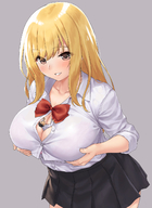 drawing giantess blonde color large_breasts long_hair clothed cleavage skirt huge_breasts ribbon breast_crush teston brown_eyes smiling shrunken_man shirt looking_at_viewer unbuttoned breast_grab no_background cleavage_window between_breasts breast_held
