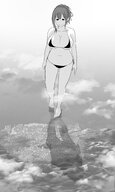 bikini breasts drawing giantess giga city monochrome large_breasts barefoot cleavage ocean buildings huge_breasts smiling looking_down mountains clouds outdoors sky semi_nude bare_legs bare_midriff looking_at_tinies edogtskagura grayscale bare_thighs