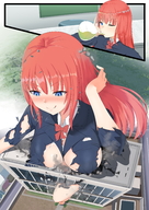 drawing growth giantess blushing city mega color long_hair destruction blue_eyes clothed barefoot cleavage buildings potion looking_down outdoors ripped_clothing orange_hair growth_potion debris bare_legs vice_director shrink_high mdzz_pic