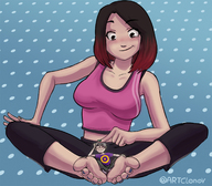 drawing gentle feet black_hair color clothed toes barefoot finger soles brown_eyes smiling short_hair poke hand shrunken_man looking_down between_feet nail_polish no_background red_highlights looking_at_tiny highlights artclonov