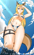 bikini breasts drawing giantess tail blonde color long_hair blue_eyes cleavage ocean low_angle underboob looking_down clouds sky fox_girl ships looking_at_viewer hank88 semi_nude alessandra bare_legs bare_midriff scream_(artist) bare_thighs