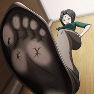 drawing giantess crush micro feet black_hair color clothed glasses shoes brown_eyes smiling socks foot_crush entrapment pants indoors under_foot thedaibijin smirking shoe_entrapment sheograth10 amy_kobayashi crush_fetish